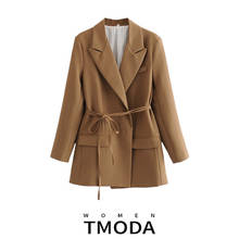 TMODA577  2022 Women Fashion Brown Blazer with Blet Female Summer Casual Long Sleeve Double Pocket Outwear Office Lady Chic 2024 - buy cheap