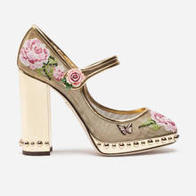 Luxury Ladies Rivets Golden Mesh Chunky Heels Pumps Rose Flower Embroidery Low Platform Summer Wedding Shoes 2024 - buy cheap
