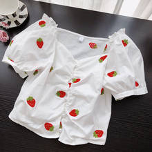 Camisa branca feminina morango abacaxi bordado das mulheres blusa verão bonito harajuku camisas de colheita e blusas 2024 - compre barato
