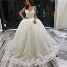2021 White Ivory Puffy Princess Wedding Dresses Spaghetti Straps Lace Ball Gown V-neck Sleeveless Bridal Dresses Custom Made 2024 - buy cheap