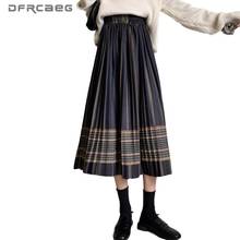 Patchwork Striped Vintage Wool Pleated Skirt Women 2020 High Waist Autumn Winter Warm Woolen Retro Long Skirts Saias Femme 2024 - buy cheap