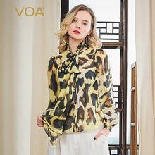 VOA Leopard Print Silk Blouse Wood Ear Scarf Collar Bubble Long Sleeve Single-breasted Perspective Chiffon Silk Women Shirt B625 2024 - buy cheap
