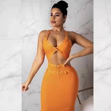 Women Orange Black Strap Bandage dress Elegant summer sexy V neck Party Bodycon Mini dress 2024 - buy cheap