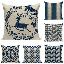 Funda de almohada decorativa Vintage para sofá, cubierta de cojín de lino con estampado azul y blanco, de alta calidad 2024 - compra barato