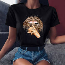 Camiseta com gola o preta, camisa engraçada com lábios de leopardo, moda verão, camisa para mulheres, vintage mau top de meninas 2024 - compre barato