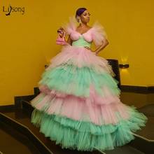 Attractive Mix Color Tulle Prom Dresses 2020 Pink And Green Ruffles Tiered Lush Ball Gowns Women New Year Party Dress 2024 - buy cheap