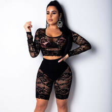 2020 2 Two Piece Set Women Tracksuit Sexy Lace Solid Long Sleeve Crop Tops Stretchy Skinny Shorts Pants Leggings Plus Size 2XL 2024 - buy cheap