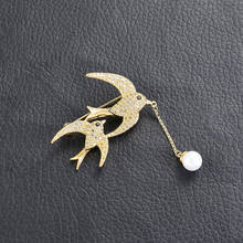 Novo luxo de ouro preto cristal strass pinos engolir broches para as mulheres dos homens pérola broche pino jóias acessórios broche pássaro 2024 - compre barato