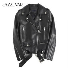 Jazzevar-jaqueta feminina de couro legítimo, nova moda primavera, couro de ovelha verdadeiro, preto, curta, motocicleta, 2021 2024 - compre barato