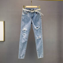 Pantalones vaqueros rasgados y delgados para mujer, Jeans ajustados de cintura alta, elásticos, color azul, 2021 2024 - compra barato
