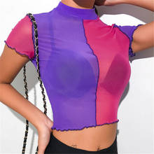 Summer Women Crop Tops See Through Sexy Sheer Mesh Top Short Sleeve Turtleneck Slim Pacthwork Party Clubwear T-Shirts 2024 - buy cheap