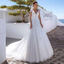 Gorgeous V-Neck Wedding Dresses 2021 Cap Sleeve Lace Appliques A-Line Sweep Train Tulle Civil Bridal Gown Vestidos De Noiva 2024 - buy cheap