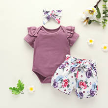 Summer Newborn Infant Baby Girls Short Sleeve Solid Color Ruffles Romper Bodysuit+Floral Printed Shorts Headbands Outfits Set#p4 2024 - buy cheap