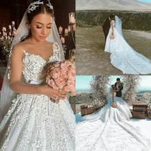 Gorgeous Arabic Wedding Dresses 3D Flower Appliques Sheer Neck Plus Size Ball Gown Wedding Dress Princess Long Sleeve Bridal 2024 - buy cheap