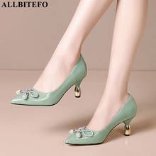 ALLBITEFO-zapatos de tacón alto de piel auténtica para mujer, tacones de aguja en color verde claro, diseño de tacón dorado, sexy, talla 33-43 2024 - compra barato