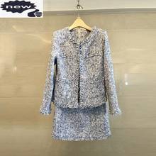 Autumn Winter Office Ladies Elegant Pink Blue Tweed Two Piece Pearls Cardigan Jacket A-Line Mini Skirt Matching Set Outfit 2024 - buy cheap