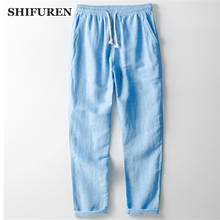 SHIFUREN Mens Retro Nature Cotton Linen Trousers Summer Breathable Casual Male Elastic Waist Drawstring Straight Loose Pants 2024 - buy cheap
