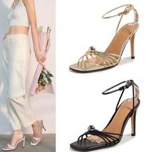 Summer Girls Gold White Black Genuine Leather Pearls Thin Heels Sandals Woman Square Open Toe Narrow Bands Knot Party Shoes 2024 - buy cheap