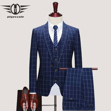 Plyesxale Men's Plaid Suit 2020 Spring Summer Three Piece Black Grey Navy Blue Business Formal Wedding Casual Suit for Male Q962 2024 - buy cheap