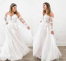 Vestido de novia blanco de manga larga con hombros descubiertos, traje de novia con corte en A, escote en forma de corazón, apliques sencillos, 2020 2024 - compra barato