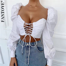 Fantoye Lace Up Sexy Strapless Corset Crop Top Women Puff Sleeve Hollow Out Bandage Tank Tops Short Casual Backless Autumn Tops 2024 - buy cheap