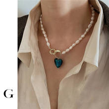 Ghidbk-colar pingente de coração azul, pérolas naturais de água fresca, colar artesanal estilo de rua 2024 - compre barato
