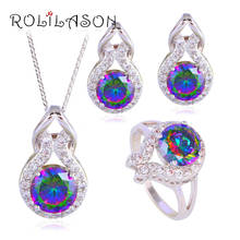 ROLILASON JS620  Silver stamped Clip Earrings Necklace Pendant rings Wedding Rainbow Mystic Zircon AAA CZ  Jewelry Set 2024 - buy cheap