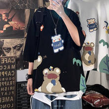 Camiseta masculina com estampa de gato preto, camiseta de desenho animado solta para o verão, camiseta casual kawaii, engraçada, japonesa, de grandes dimensões, moda de rua 2024 - compre barato