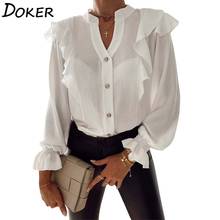 Blusa feminina plissada branca, camisa feminina elegante de outono com gola v e manga comprida, para escritório, plus size 2024 - compre barato