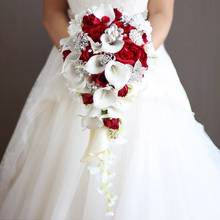 2021 Waterfall Red Wedding Flowers Bridal Bouquets Artificial Pearls Crystal Wedding Bouquets Bouquet De Mariage Rose 2024 - buy cheap