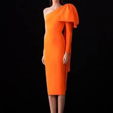 HQBORY 2020 New Spring Orange Bowknot Long Elegant Bandage Dresses Sexy One Shoulder Split Club Party Dress Midi Bandage Dress 2024 - buy cheap