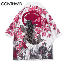 GONTHWID Koi Carp Fish Cherry Blossoms Flowers Print Japanese Kimono Cardigan Jackets Streetwear Hip Hop Harajuku Casual Tops 2024 - buy cheap
