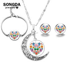 Polish Boho Jewelry Set Folk Art Pattern Print Handmade Glass Cabochon Moon Necklace Earrings Bracelet Fashion Women Set Jewelry 2024 - buy cheap