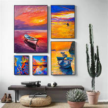 Pintura abstrata para parede de paisagem, barco, arte nórdica, tela de impressão, aquarela, pintura a óleo, para decoração de casa, sala de estar 2024 - compre barato