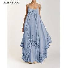 Lugentolo Long Summer Womens Dress Big Swing Loose Print Stitching Strapless Spaghetti Strap Floor-Length 2024 - buy cheap