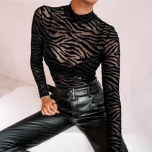 Black Mesh Transparent Sexy Bodysuit Party Long Sleeve Slim Skinny Stripe Mock Neck Casual Rompers Womens Lady Club Body Suits 2024 - buy cheap