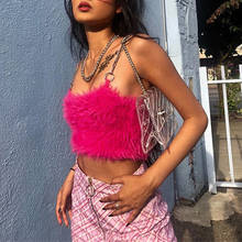 Girls Hot Pink Chain Spaghetti Strap Fuzzy Crop Tops Sweet Backless Sexy Summer Camis Tops Fashion Party Tops Clubwear 2024 - buy cheap
