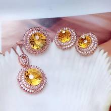 brilliant  yellow citrine stud earrings ring bracelet necklace jewelry set 925 silver round natural gem ornament party gift 2024 - buy cheap