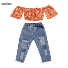 2PCS Baby Girl Clothes sets Orange Floral Off Shoulder Crop Top Ripped Jeans Outfits Toddler Baby Summer Clothing 1-5Y 2024 - buy cheap
