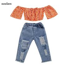 Conjunto de roupas para meninas de 1 a 5 anos, 2 peças, laranja, floral, ombros de fora, blusa curta, jeans, roupas infantis, verão 2024 - compre barato