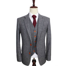 Blazer ajustado de estilo británico para hombre, traje de sastre, traje de boda, 2022 Lana, gris, espiga, Tweed, 3 piezas 2024 - compra barato