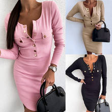 Sexy Slim Mini Knit Dress Women Autumn V Neck Long Sleeve Patchwork Button Decor Hips Dress Ladies Fashion Party Bodycon Dresses 2024 - buy cheap