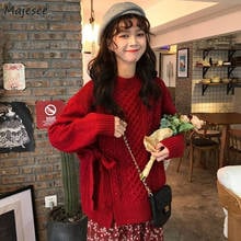 Women Pullovers Autumn Red bow Split Long Sleeve Sweet Loose Simple Vintage Knitted Students New All-match Chic Korean Sweaters 2024 - buy cheap