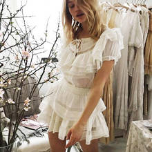 AYUALIN White Cotton Lace Mini Dresses Women Cascading Ruffles Vintage Puff Sleeve O neck Party Summer Short Boho Dress 2021 2024 - buy cheap