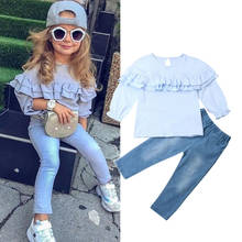 2019 Fashion Kids Baby Girl Sets Ruffles Puff Sleeve Blouses Denim Pants 2Pcs Children Girl Winter Autumn Clothes Outfits 1-6Y 2024 - buy cheap