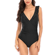 Women's One Piece Swimsuit Sexy Deep V Neck Ruffle Trim Solid Color Monokini Swimwear 2024 - buy cheap