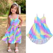 Girl Kids Summer Dress Sleeveless  Rainbow Printing Button Adjustable Spaghetti Straps Dresses Girls Beach Dresses Sundress 2024 - buy cheap