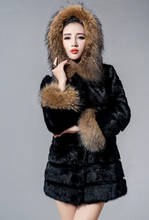 Real genuíno casaco de pele de coelho natural feminino com capa de pele de guaxinim e punhos senhora moda stripe jaqueta outwear personalizado qualquer tamanho 2024 - compre barato