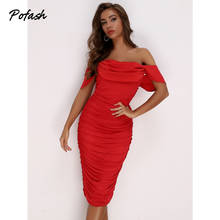 Pofash Solid Red Off Shoulder Summer Dresses Women Backless Sexy Club Paety Ruched Bodycon Dress Zipper Midi Dress 2021 Vestidos 2024 - buy cheap