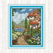 Conjunto de punto de cruz de Joy Sunday, pintura de paisaje de mansión junto al lago, tela para bordar, lienzo de impresión, costura artesanal, DMC Aida, 14ct 2024 - compra barato